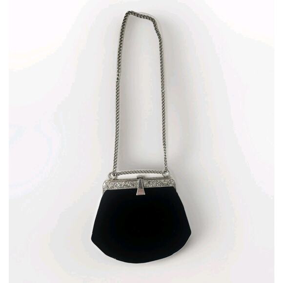 Vintage 1960s Velvet Chain Art Deco Black Evening Bag Purse Old Money Glam Posh - Picture 1 of 7